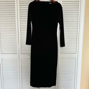 Black Velvet Midi Dress Long Sleeve Bodycon Cocktail Evening Dress Size M